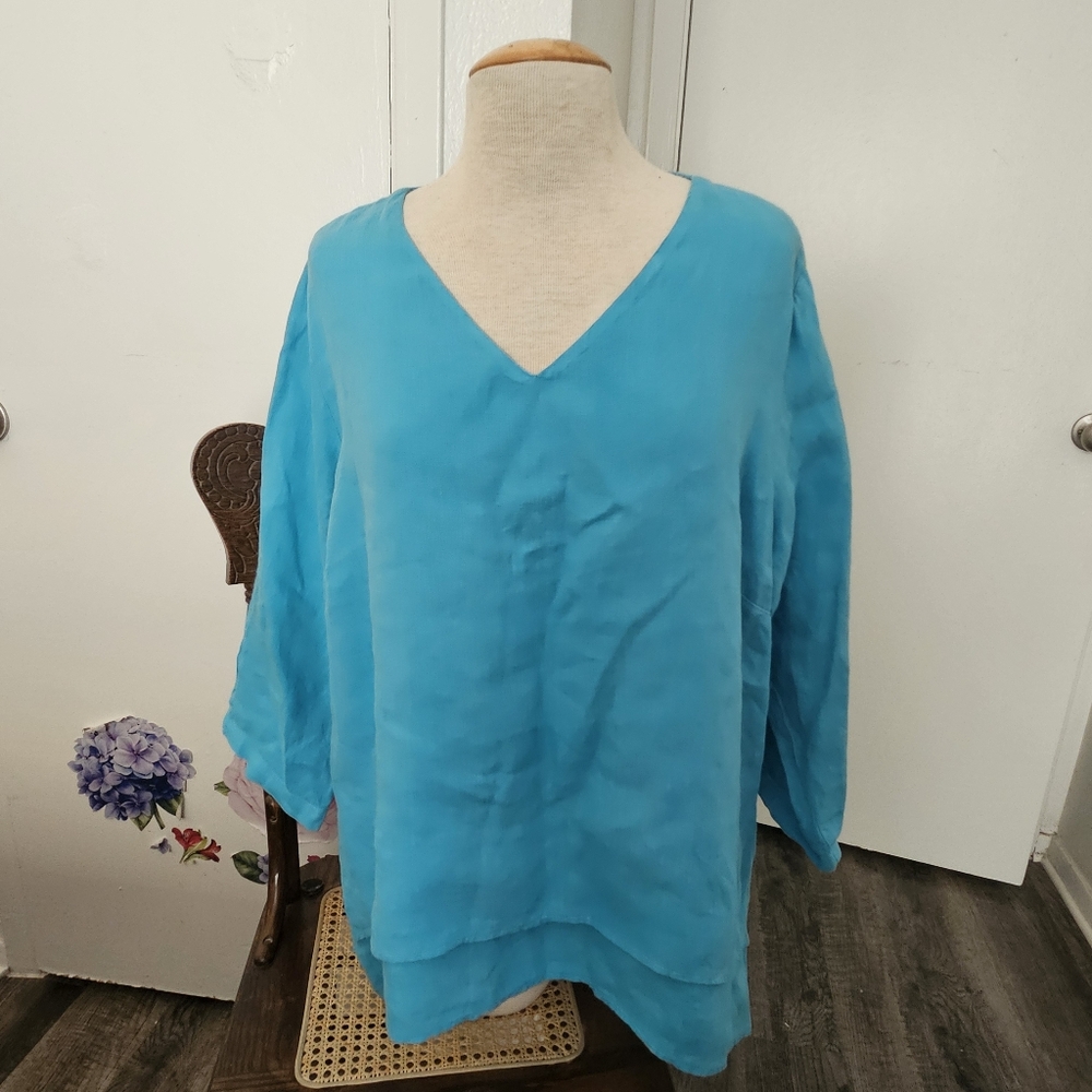 La FIXSUN 3/4 Sleeve Tunic Blouse Top 100% Linen Women Turquoise USA Made L EUC